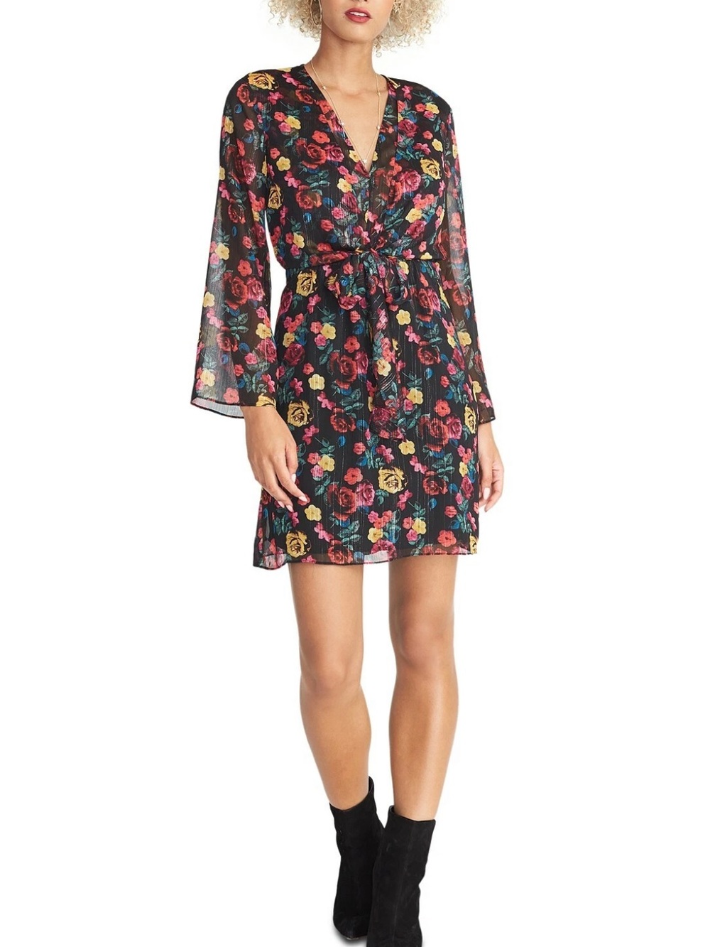 NEW Rachel Roy Floral Metallic Chiffon Tie Front Dress Size M